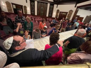 With music, dancing, and laughter, we rejoice in the Torah as a living, ongoing story. Children and adults celebrate together as we unroll the scroll, mark the end and beginning of our reading cycle, and honor our Torah readers and learners.